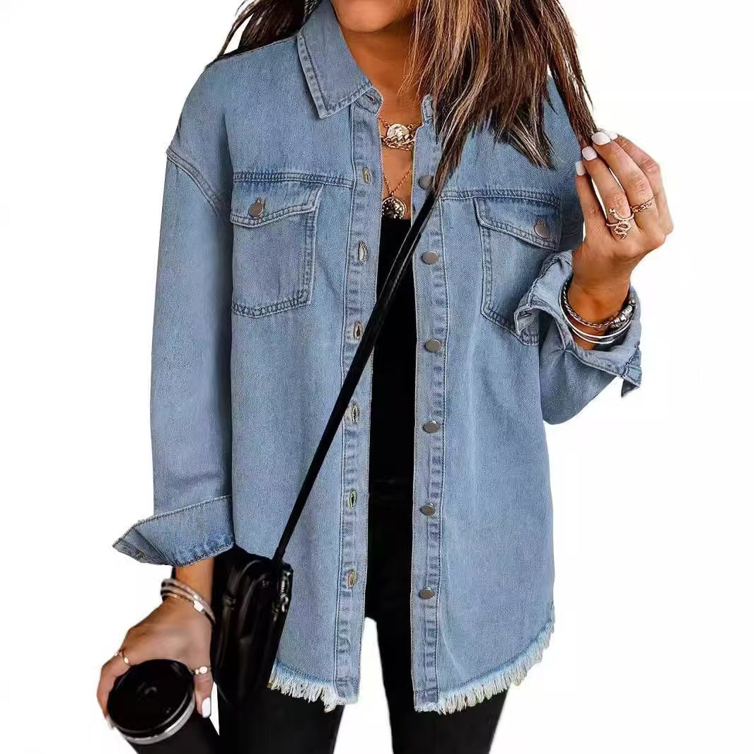 T588-610 - Button-up Frayed Hem Jacket-GYYF