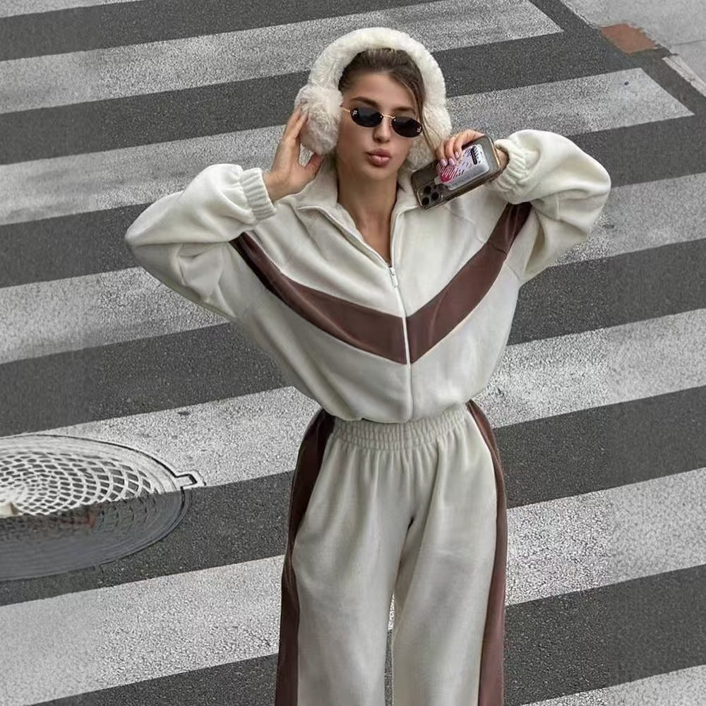 T588-748 -Casual waist cinched cardigan sweatshirt patchwork set