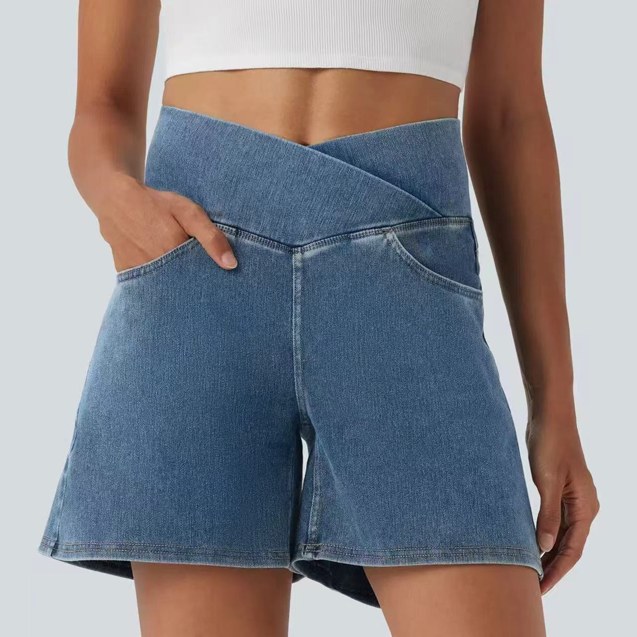T588-1093 Cross high waisted denim shorts, casual cycling pants