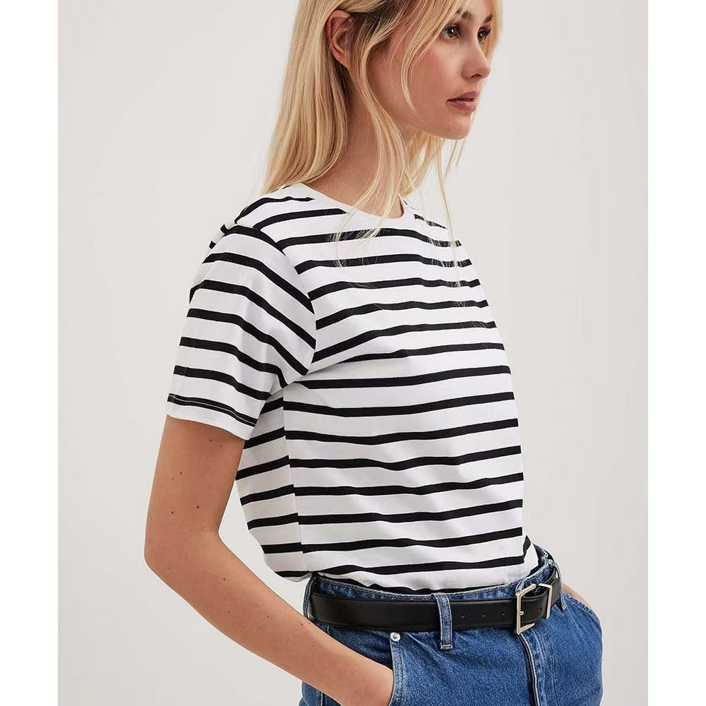 T588-1085 Round neck striped short sleeved summer new fashion versatile casual